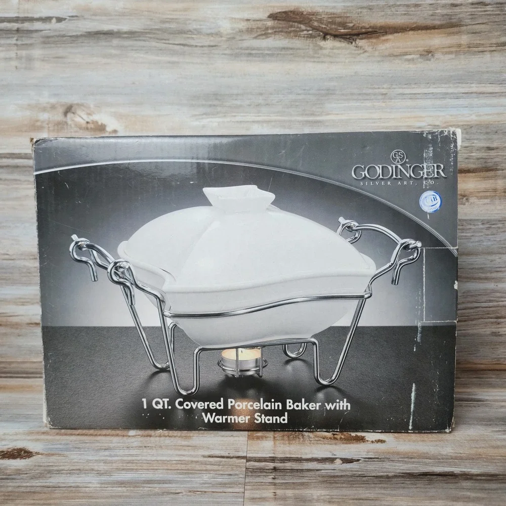 Godinger Silver Art Co 1 QT Covered Porcelain Baker with Warmer Stand 6322